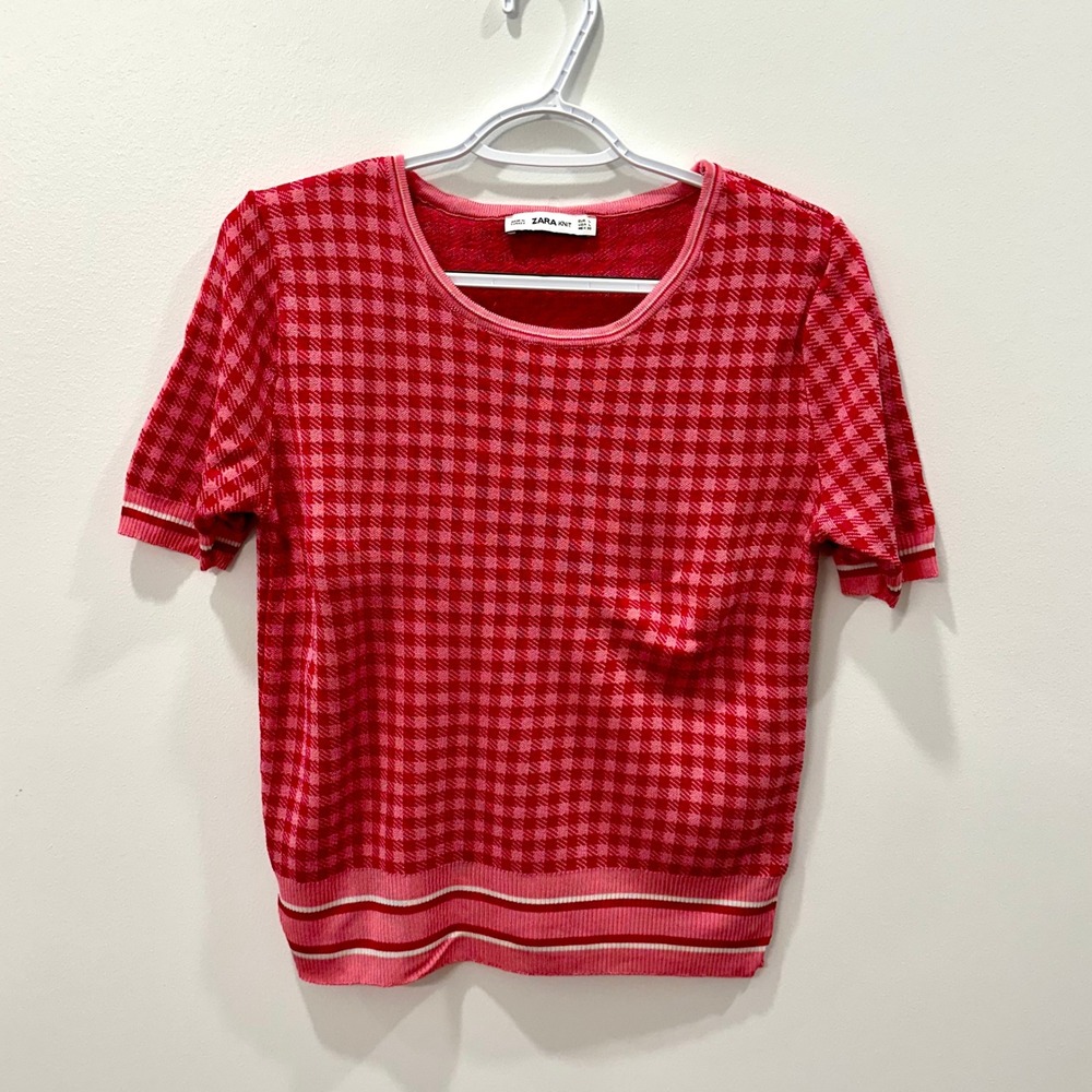 Zara Knit Womens Red Pink Gingham‎ Short Sleeve Sweater Crew Neck Large